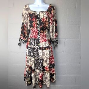 Vintage Patchwork Midi Dress Tiered Elastic Smocking Size S Cottagecore Boho Y2K